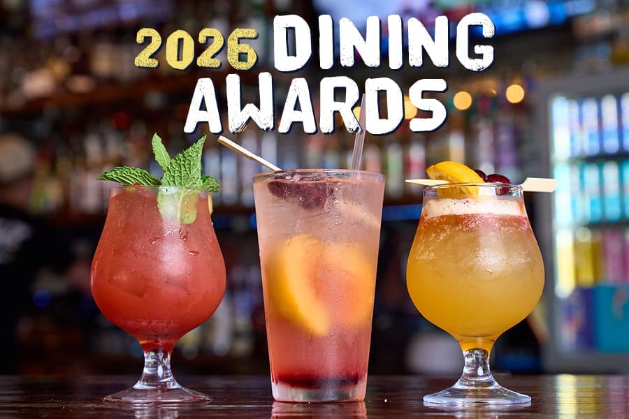 2026 Dining Awards banner showing three colorful cocktails with garnishes on a bar.