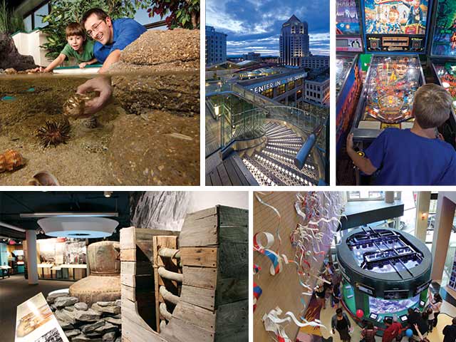 Four-panel collage: a man and boy at a touch tank, downtown Roanoke at dusk, a boy playing pinball, and museum exhibits.