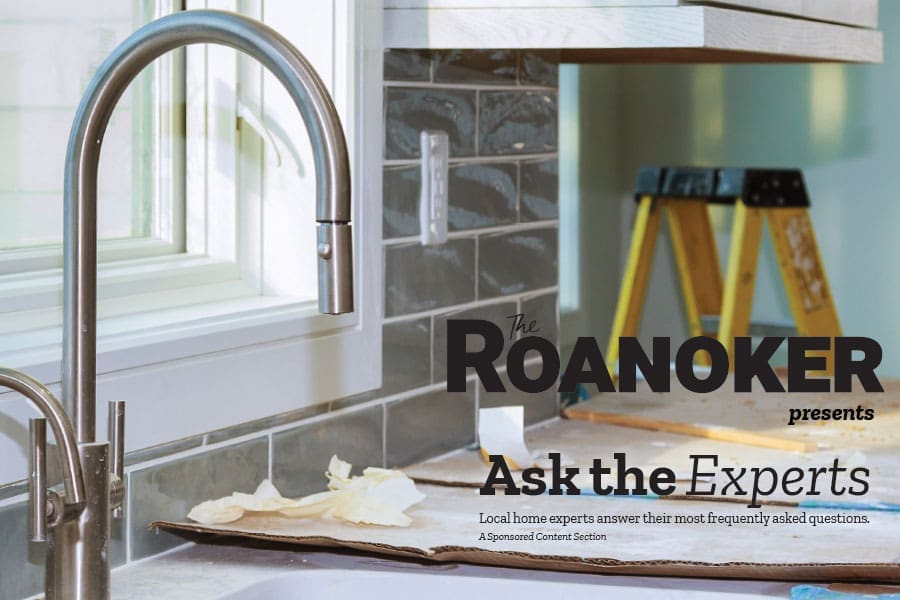 Brushed-steel faucet and gray tile backsplash in a renovation; banner reads "The Roanoker presents Ask the Experts.