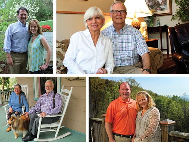 Four-panel collage of smiling couples posing outdoors on a porch, on a deck overlooking wooded hills, and indoors in a living room.