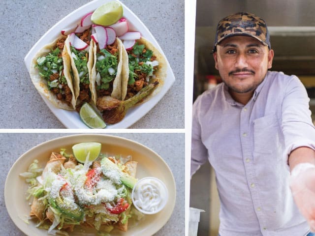 Collage of radish-topped tacos, a loaded crispy taco plate, and a man in a camo cap.