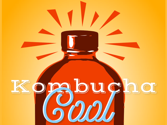 Illustrated amber bottle with radiating rays, labeled "Kombucha Cool" in white and blue lettering on orange background.