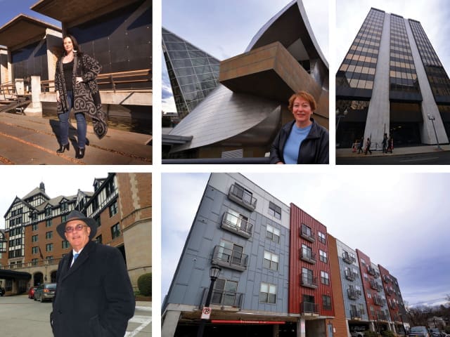 Collage of five architecture photos showing people beside modern buildings, a tall tower and colorful apartments.
