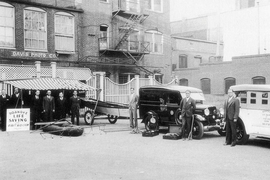 This 1933 image shows members and equipment of the Roanoke Life Saving and First Aid Crew.