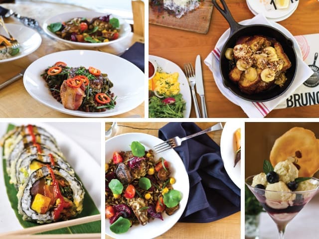 Collage of six dishes: chili-topped meat, banana French toast in a skillet, sushi roll, grain salad, berry dessert.