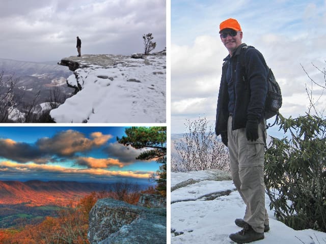 A collage of three hikers' photos: a snowy rock outcrop overlooking a valley, a sunset over ridges, and a man in an orange cap on a snowy cliff.