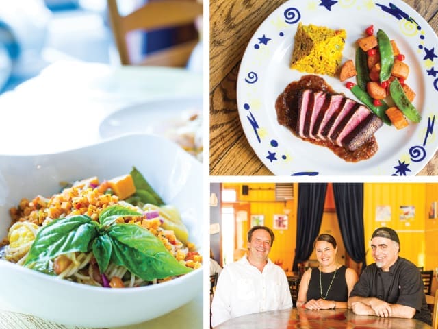Collage of pasta topped with basil, sliced steak with vegetables, and three people seated in a yellow dining room.