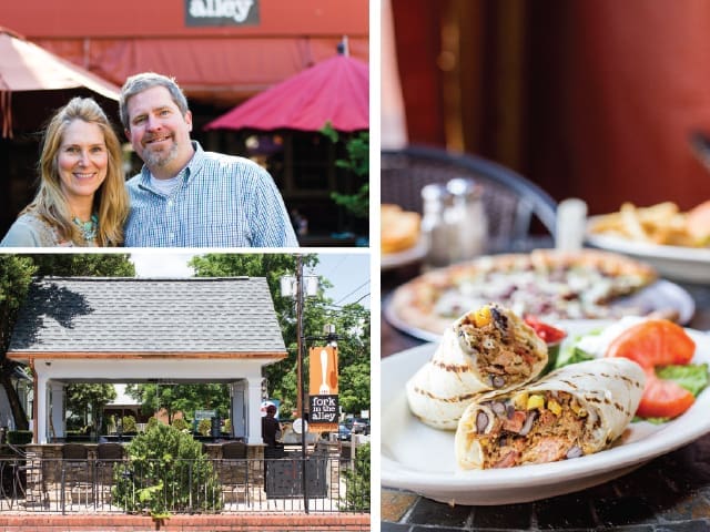 Collage of a smiling couple outside Fork in the Alley, a covered gazebo, and grilled wraps on a plate.