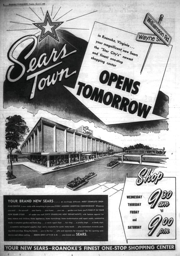 Full page ads ran in Roanoke newspapers touting the city’s “one-stop shopping center.”