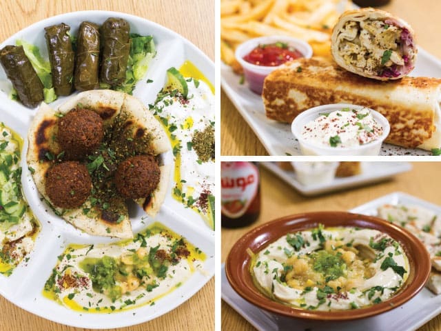 Collage of Middle Eastern dishes: falafel and grape leaves on a platter, a stuffed wrap with fries, and hummus in a clay bowl.
