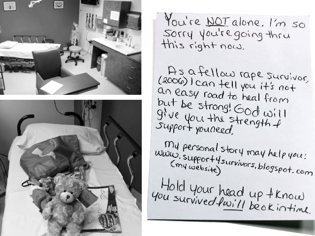 Photos of an exam room and bed with a teddy bear, beside a handwritten note reading 'You're NOT alone.