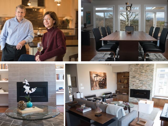 Four-panel collage of a smiling couple with wine in their kitchen, plus a dining room, fireplace and living room.