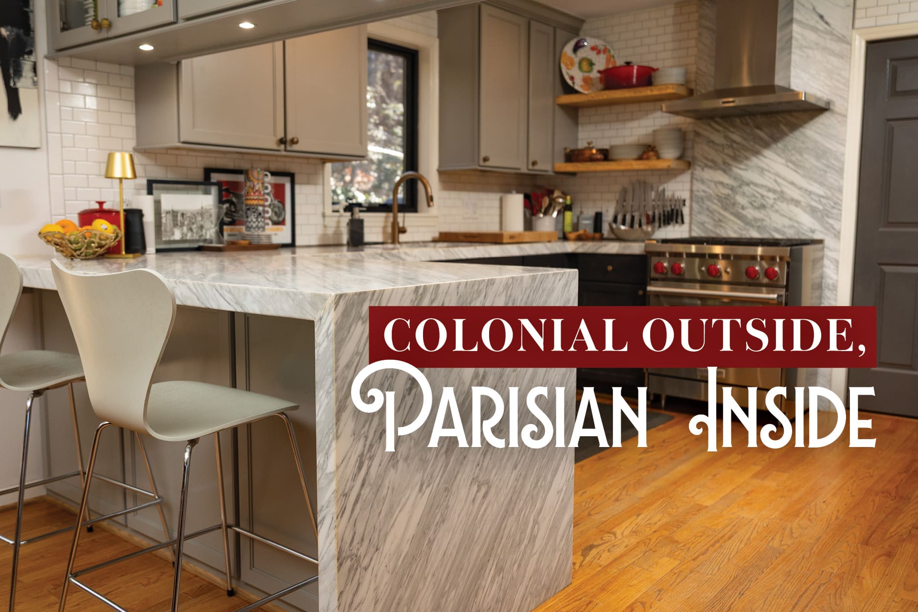 The open wood shelves are from a slab of wood that Pam had cut up from Black Dog Salvage. Pam notes that this open shelving, and the glass cabinets, require that you get comfortable with the fact that people can see your dishes.