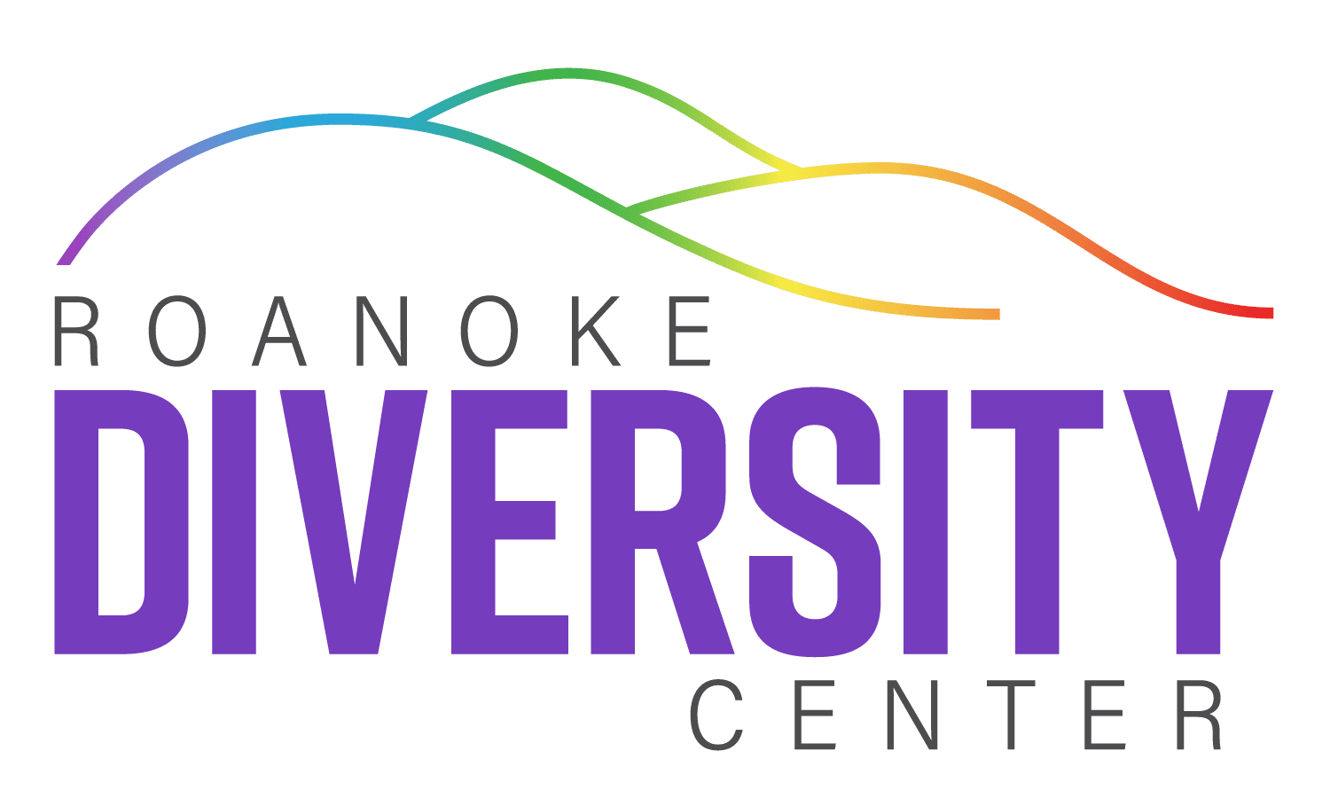 Roanoke Diversity Center logo with rainbow arcs above purple and gray lettering on a white background.