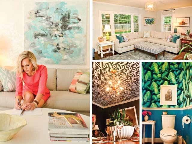 Four-panel home collage: woman sketching in coral dress, sectional living room, patterned ceiling, palm-print powder room.