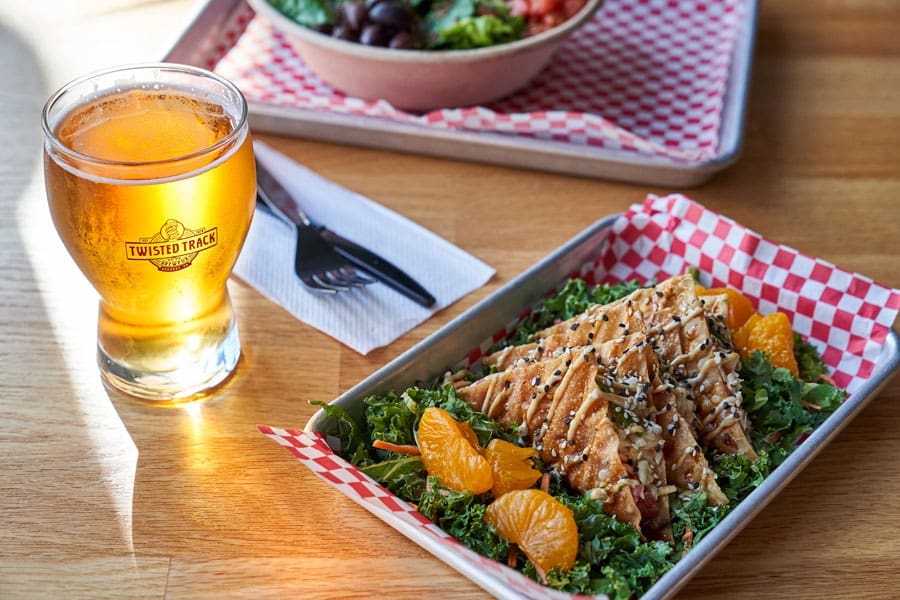 Twisted Track Brewpub beer and Boattrain Ahi Tuna Wonton Tacos