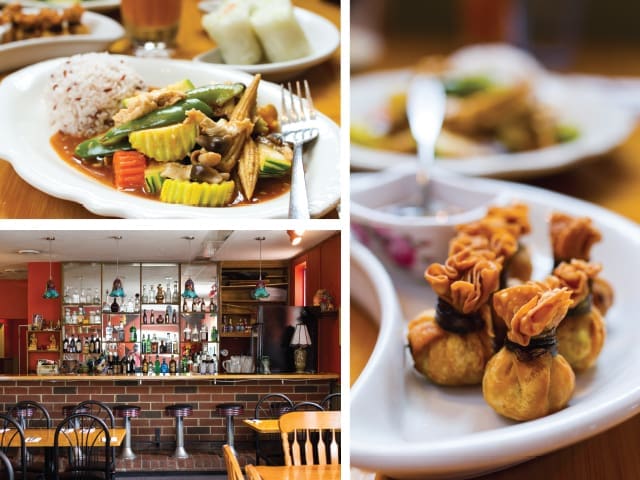 Collage of stir-fried vegetables over rice, a bar with backlit bottles and brick wall, and crispy fried dumplings.