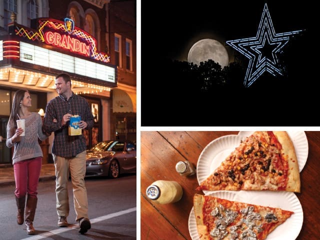 Couple walks past the glowing Grandin marquee holding popcorn, beside a moon-lit neon star and pizza.