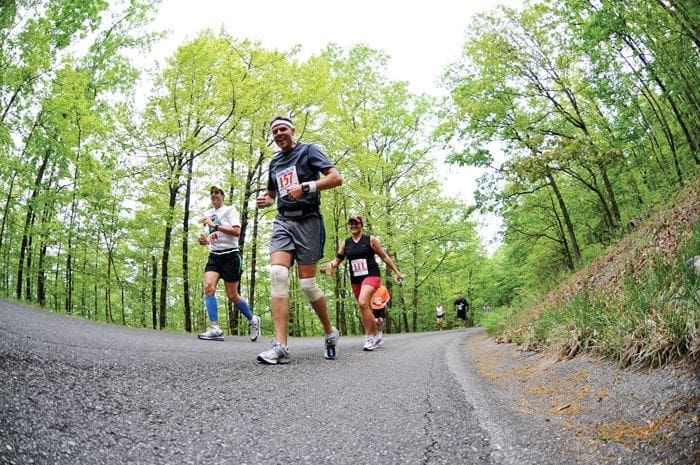 Runners in race bibs jog up a wooded mountain road lined with fresh spring-green trees.