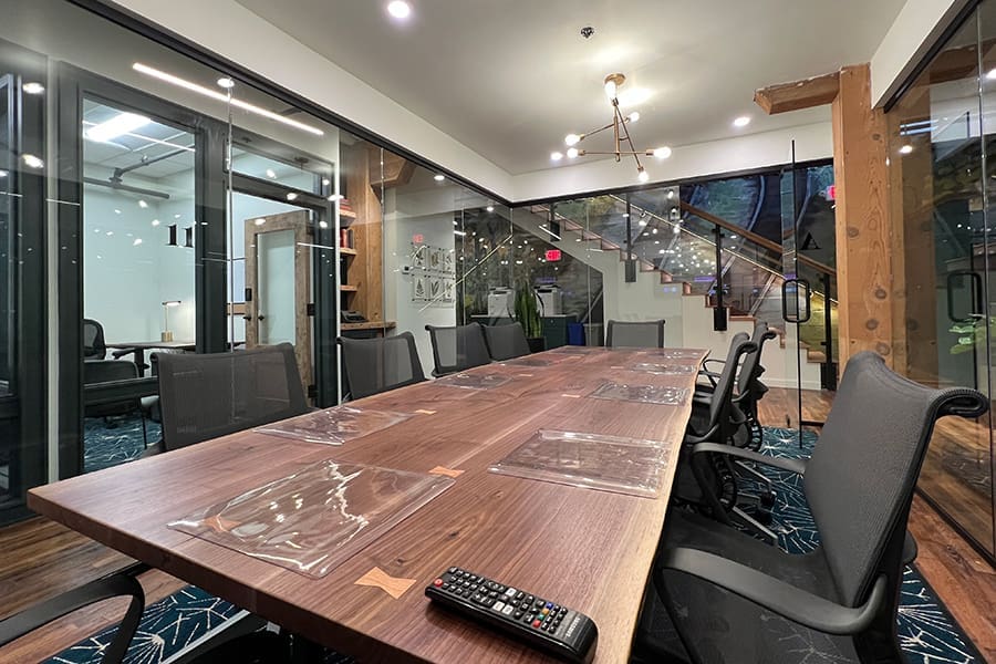 The lower level of The Quarters houses a large conference room, private offices and phone booths.