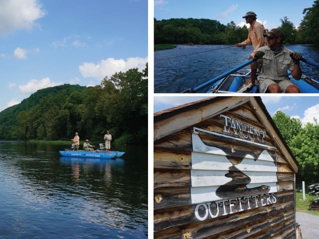 Collage of anglers fishing from a blue Tangent Outfitters raft on a river, plus a weathered wooden Tangent Outfitters sign.