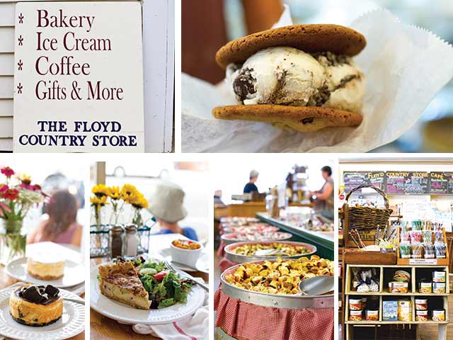 Collage of The Floyd Country Store sign, an ice cream sandwich, desserts, prepared dishes and grocery shelves.