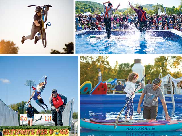 Collage of a BMX rider mid-air, pool jumpers, a dog leaping a fence, and a child paddleboarding.