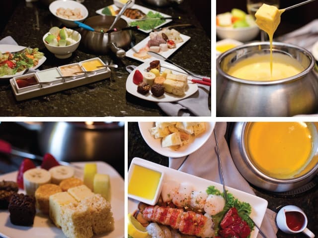 Four-panel collage of fondue: cheese being dipped from a pot, plus plates of fruit, sweets, meats and seafood.