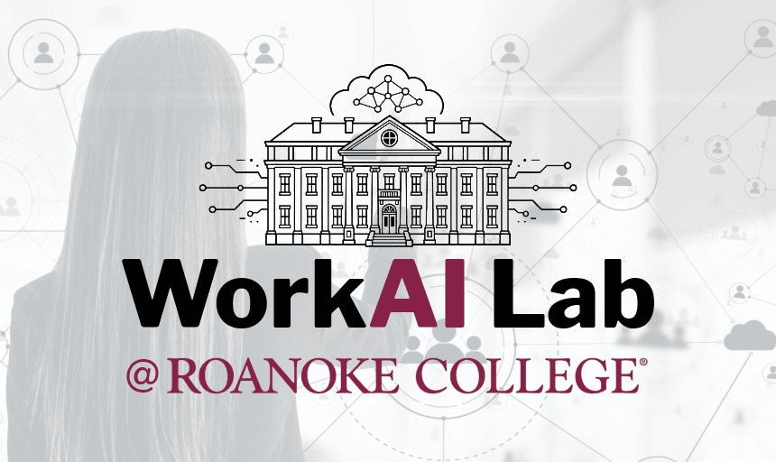 Logo for the WorkAI Lab @ Roanoke College, showing a line drawing of a campus building beneath a cloud network icon.