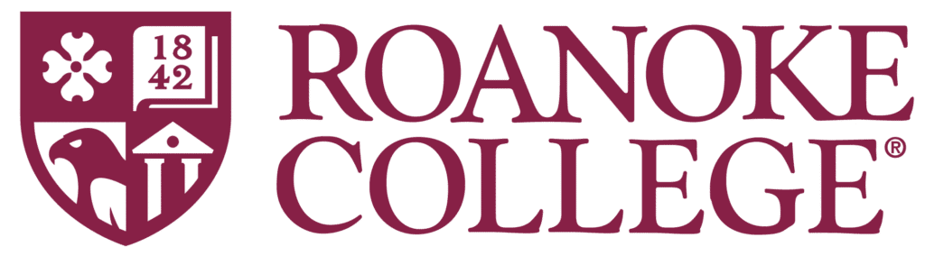 Roanoke College logo: a maroon shield crest with the year 1842, an open book, a bird, and a building, beside the words "ROANOKE COLLEGE.