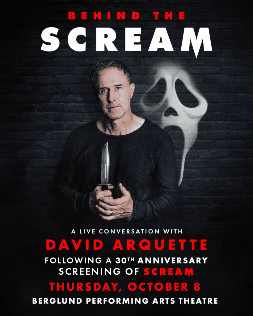 Poster for Behind the Scream with David Arquette, showing a man holding a knife beside a Ghostface mask.