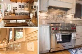 A three-panel kitchen collage showing a beamed wood ceiling, a farmhouse dining table, a Wolf range with red knobs, and tile backsplashes.